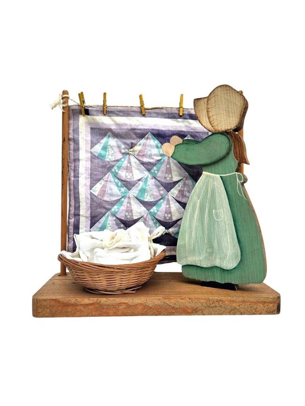 Vintage Wood Prairie Woman Hanging Laundry Cottage Farm Folk Art Quilt Decor